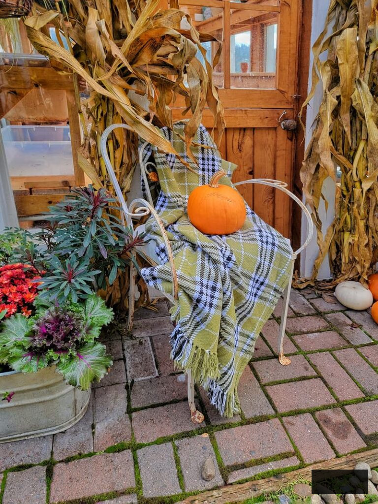 green plaid throw and pumpkin on vintage chair