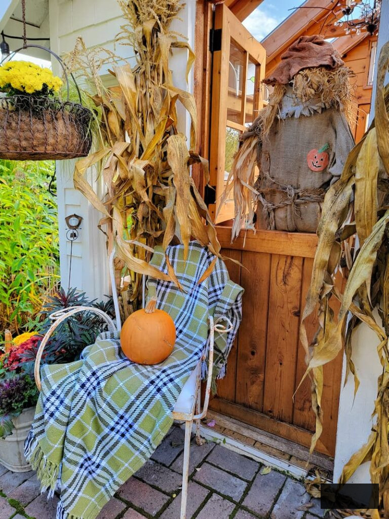 plaid throw and pumpkin on a vintage chair