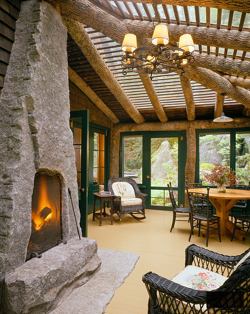 rustic screened porch in Maine cabin