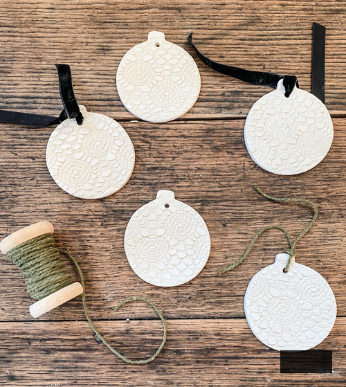 DIY Lace Christmas Decorations crafted with air-dry clay, lace, and basic tools. Simple, elegant, and customizable holiday adornments for your tree.