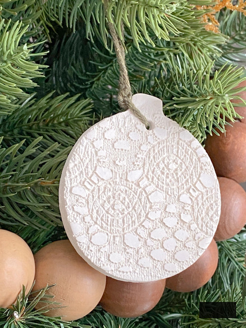 DIY Lace Christmas Decorations crafted with air-dry clay, lace, and basic tools. Simple, elegant, and customizable holiday adornments for your tree.
