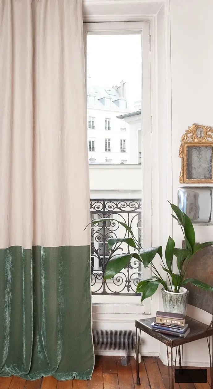bedroom curtain crafted from two luxurious materials — the lower section in 100% green silk velvet, the upper section in 100% ecru linen