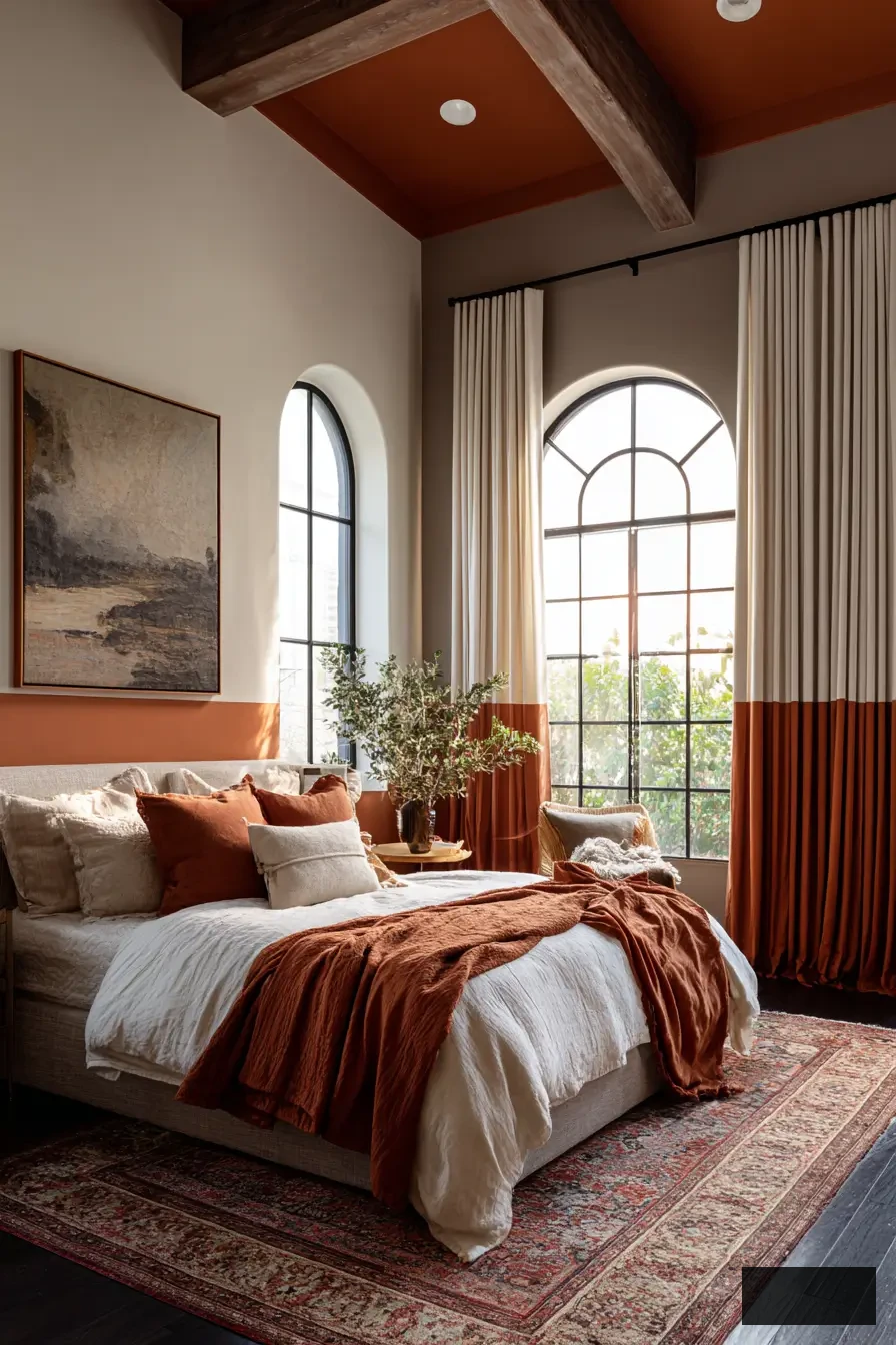 Bedroom showcasing rust-orange and cream two-tone walls accompanied by color-coordinated block curtains.