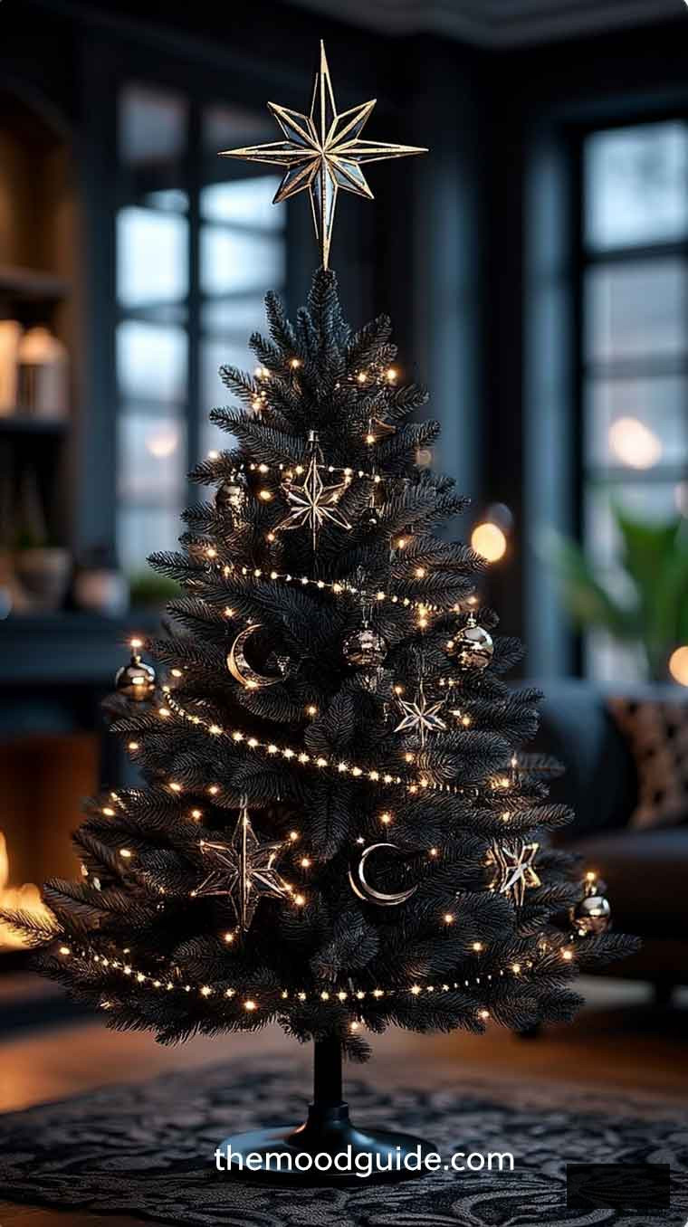 black small christmas tree with celestial moon and stars gold ornaments. modern witch aesthetic