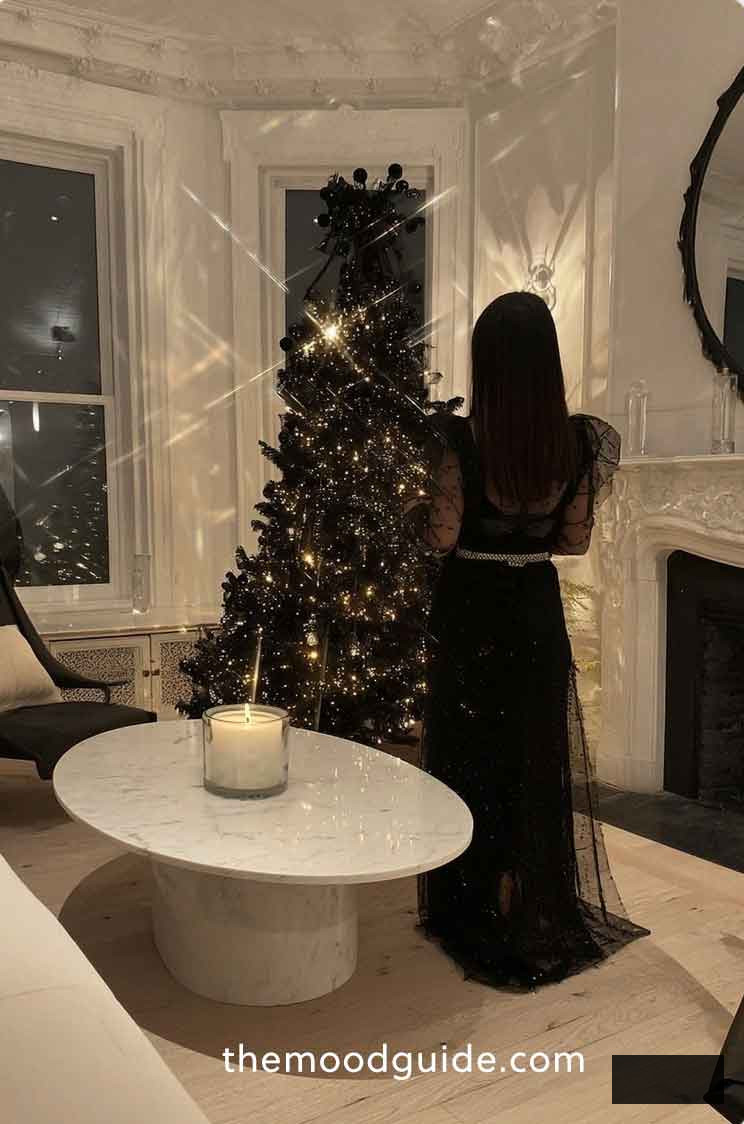 modern luxury christmas trees aesthetic on modern living room with all black dress outfit.