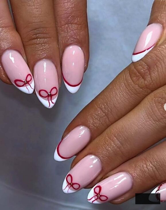 coquette white and red simple easy christmas nail art