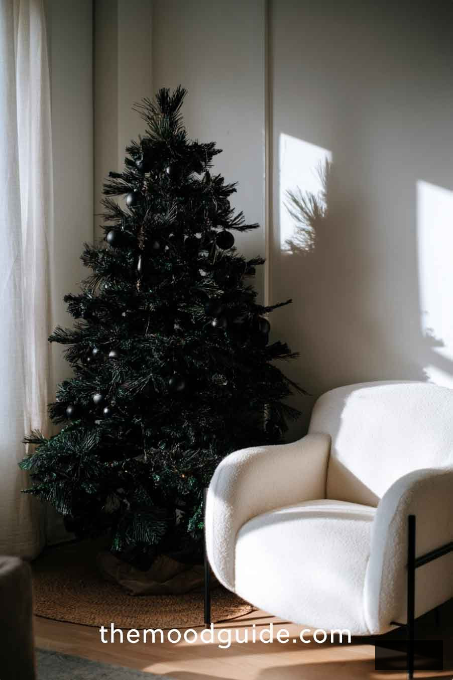 modern minimal chic christmas tree with black ornaments