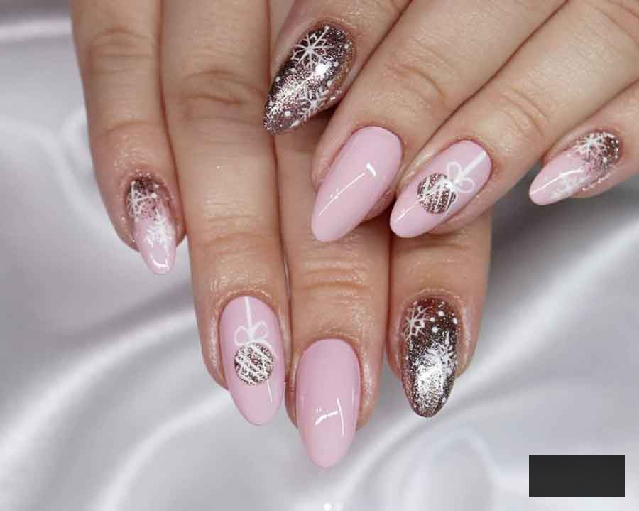 gold pink christmas nails