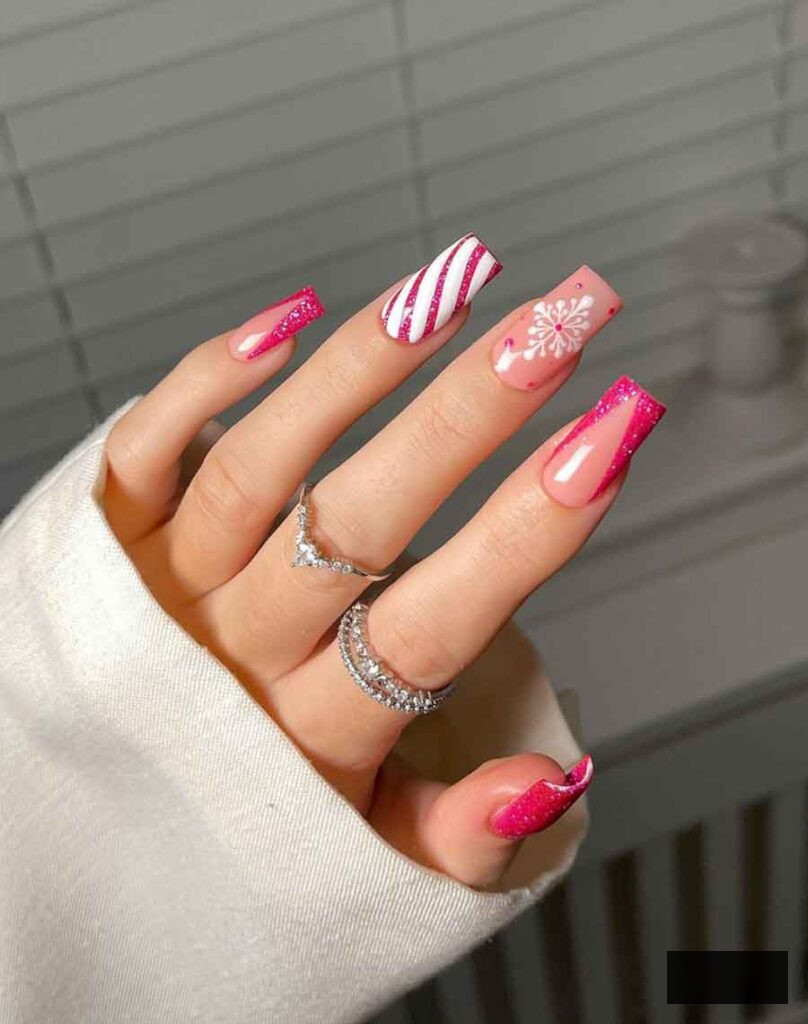 vivid pink natural and white long square christmas nails