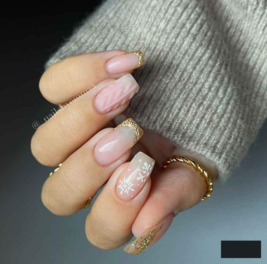 natural pink and glitter gold nails