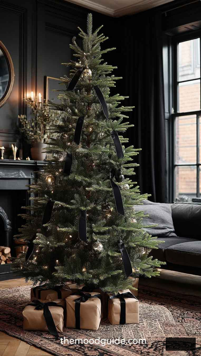 rustic chic christmas tree with black ribbons