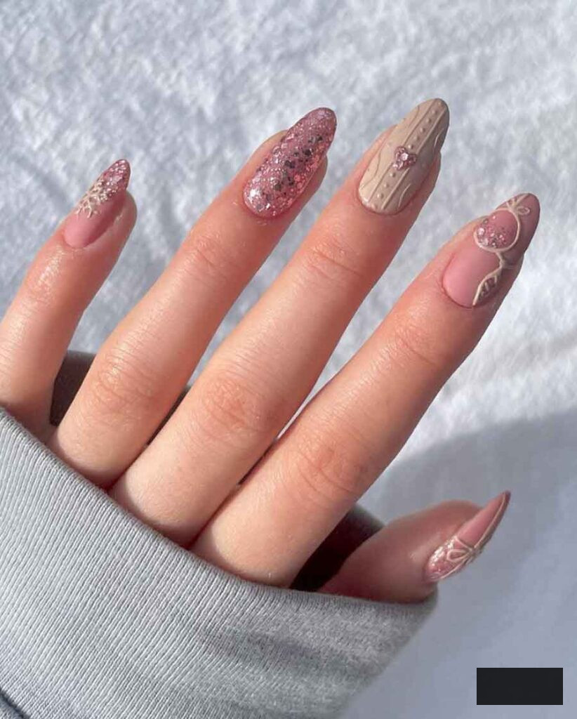 pink an beige xmas nails