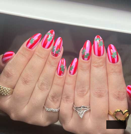 pink and red stripes christmas nails
