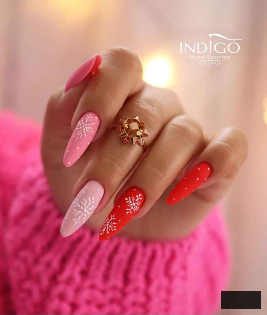 pink and red almond holiday nails