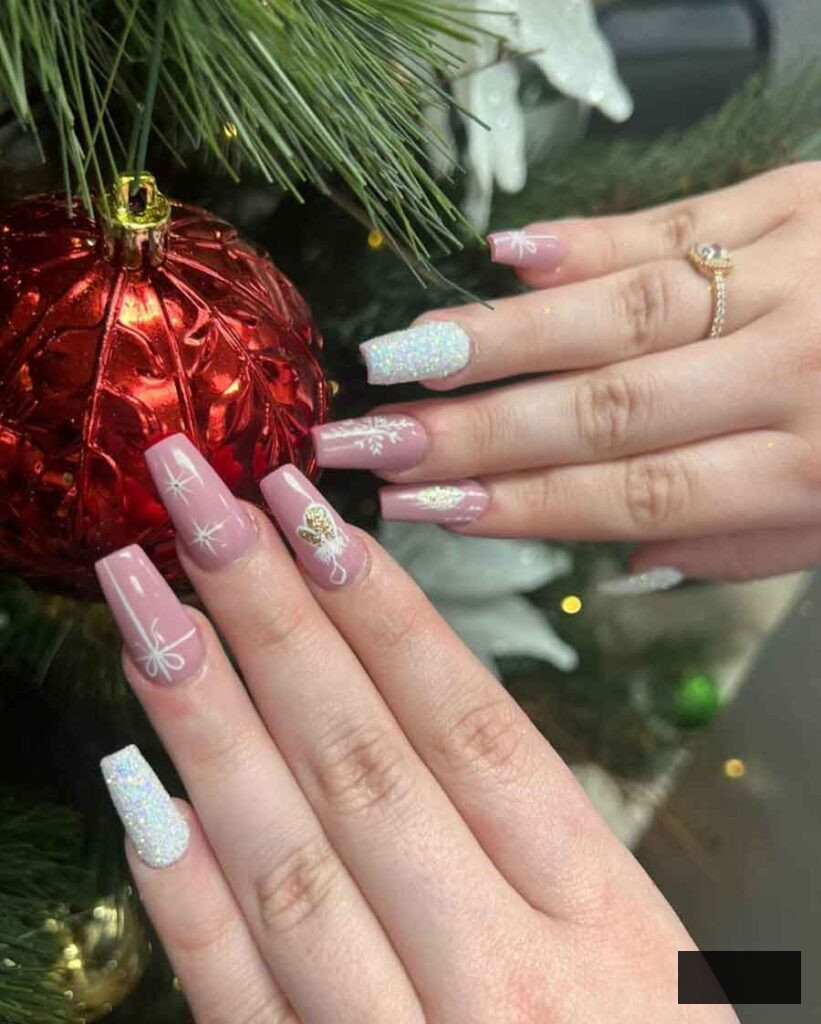 pink glitter xmas nails