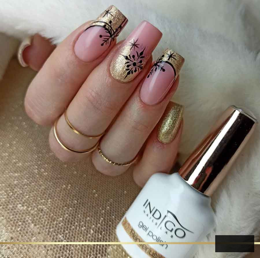 pink natural gold and black christmas nails