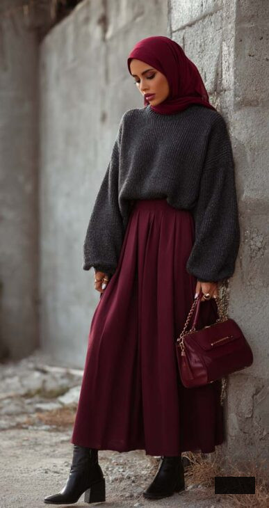 burgundy maxi skirt and dark grey sweater with hijab for elegant winter style
