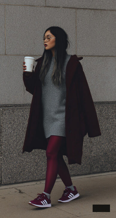 cool street style grey sweater dress with burgundy coat and tights outfit for winter