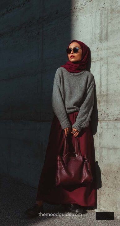 burgundy and grey aesthetic outfit with hijab