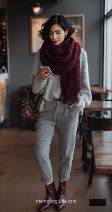 comfy chic aesthetic winter outfit with grey sweatpants and burgundy scarf