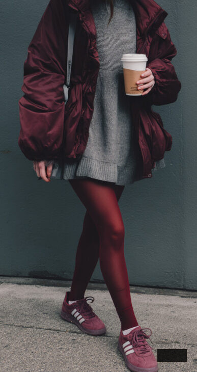 burgundy and grey cool edgy minimalist street style outfit with sweater dress and bomber jacket