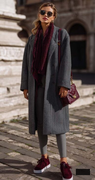 dark grey oversized coat with burgundy sneakers aesthetic outfit for winter