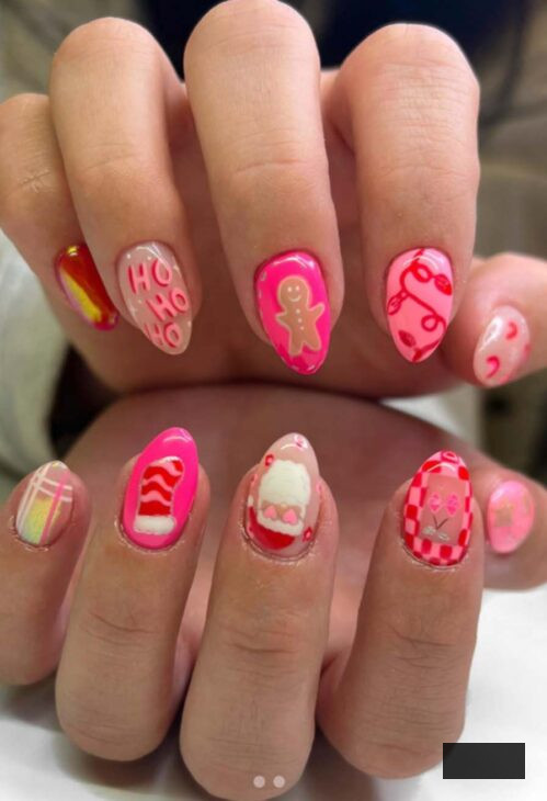 neon pink and red preppy christmas nail design