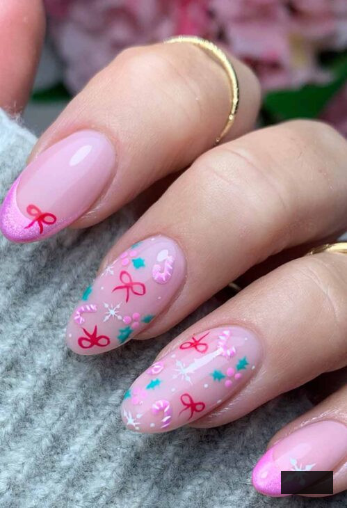 endearing pink and crimson doodles nail artwork for Christmas