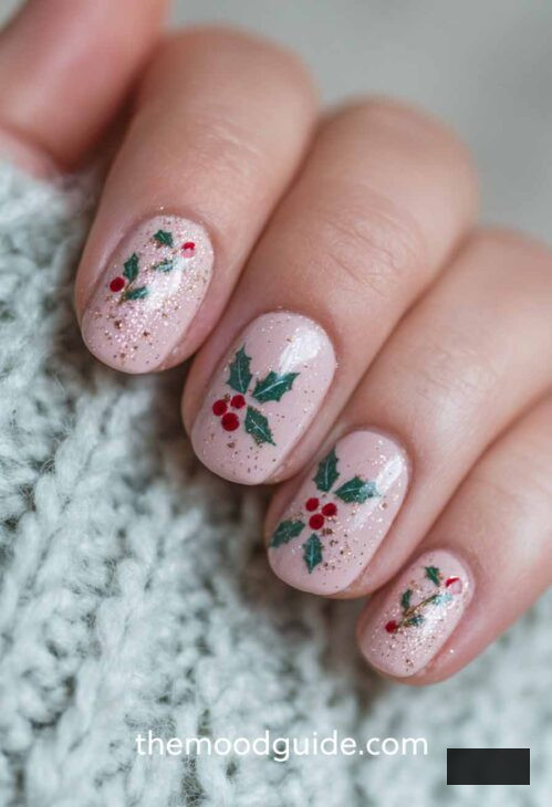 gentle rose christmas nails with holly berry.