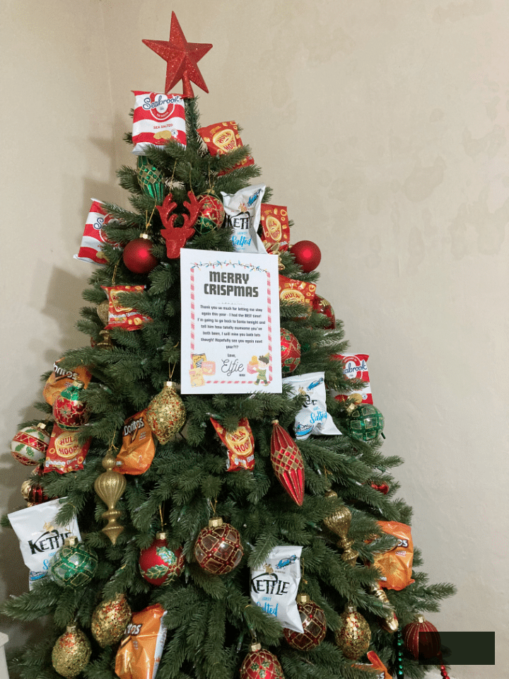 Funny Elf Crisp-mas tree idea with Christmas tree covered in crisp packets