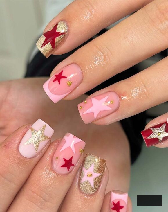pink burgundy and gold Christmas nails