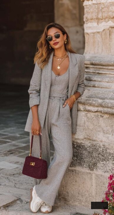 tailored light grey work outfit with burgundy bag and white sneakers. chic minimal aesthetic style