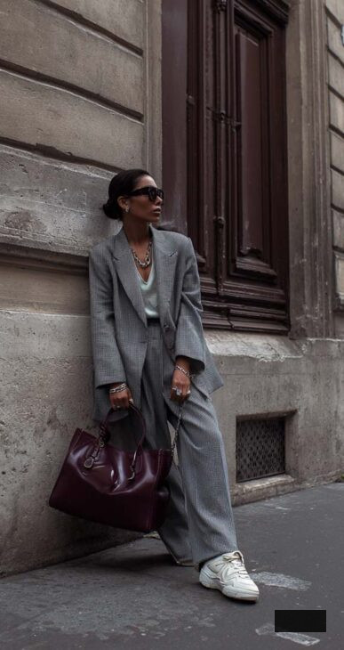 aesthetic grey taylored blazers outfit with burgundy leather bag