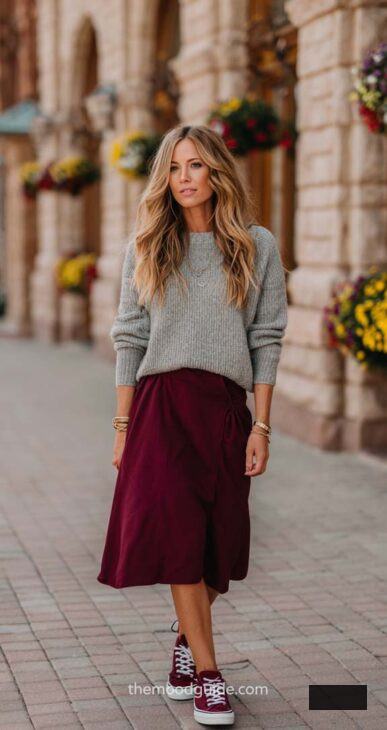 casual chic burgundy skirt with grey sweat outfit