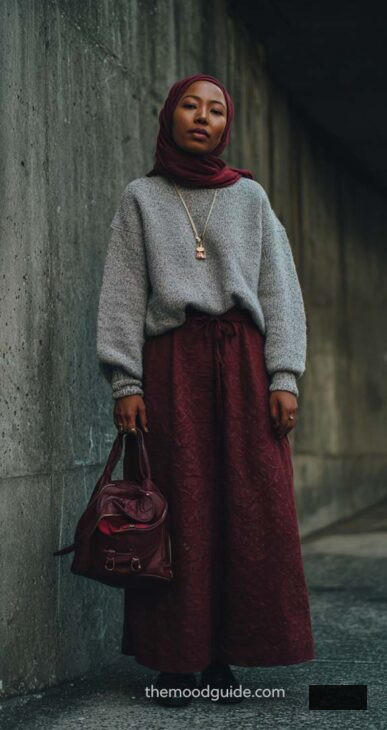 hijab simple chic burgundy and grey outfit