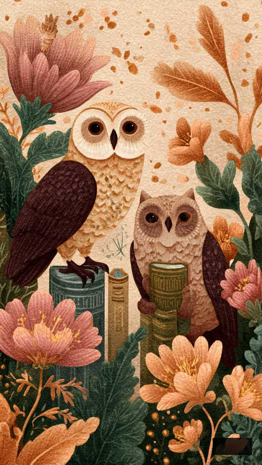 owl and books phone wallpaper