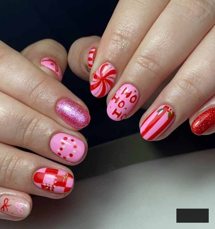 playful, short, sparkling scarlet and fuchsia trendy nail art