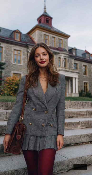 preppy aesthetic burgundy and grey outfit
