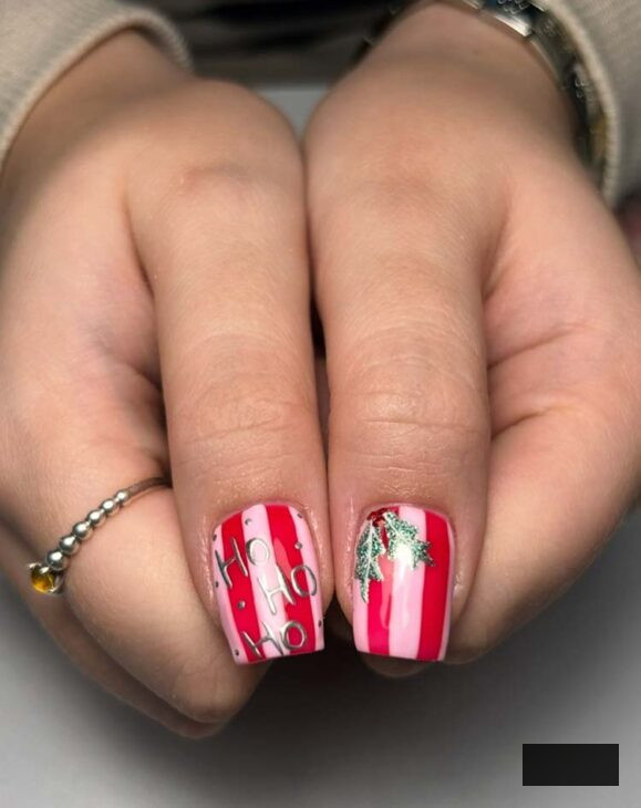 hohoho and holly pink and red stripes on christmas nails