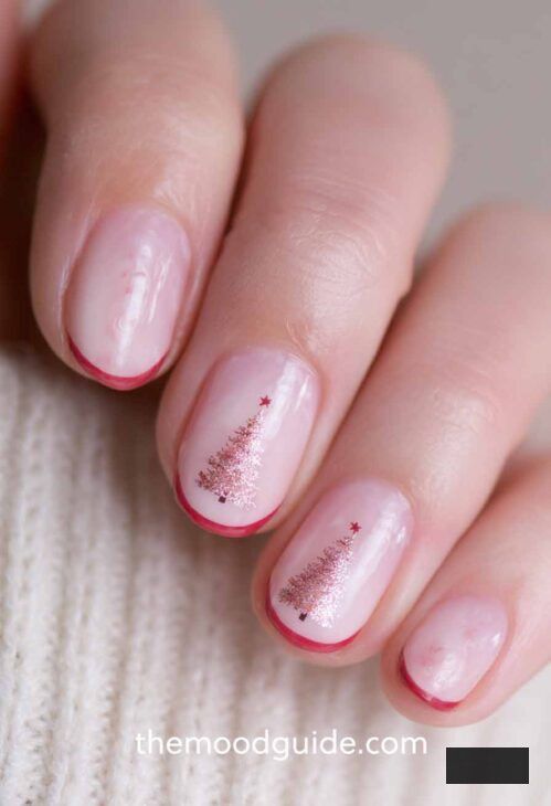 gentle rose short almond nails with Christmas tree pink glittery design and dark crimson tips.