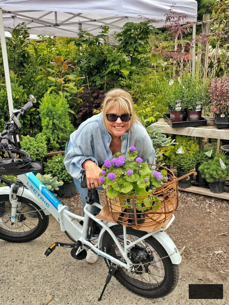 placing flowers from the nursery in the bicycle basket and posing