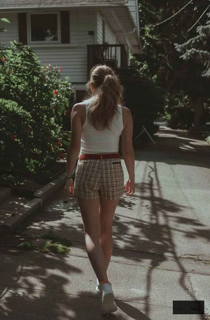 casual and easy summer outfit with tank top white and mini plaid shorts with sneakers. Light Academia aesthetics