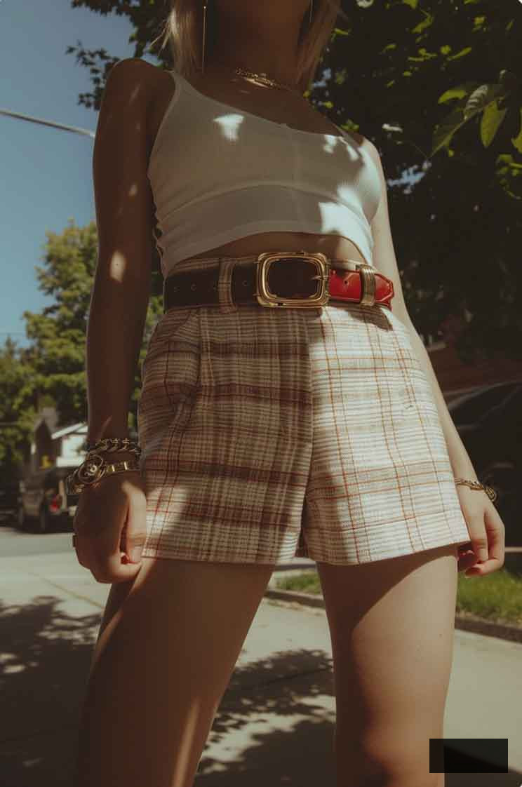 loose beige plaid shorts summer light academia outfit with large red belt