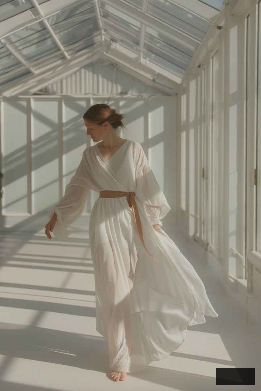 goddess inspired light academia outfit with maxi wrap white dress