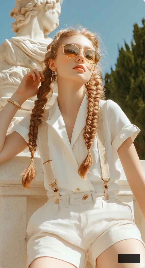 light academia outfit with suspenders, Elegant and classic, all white for european summer style