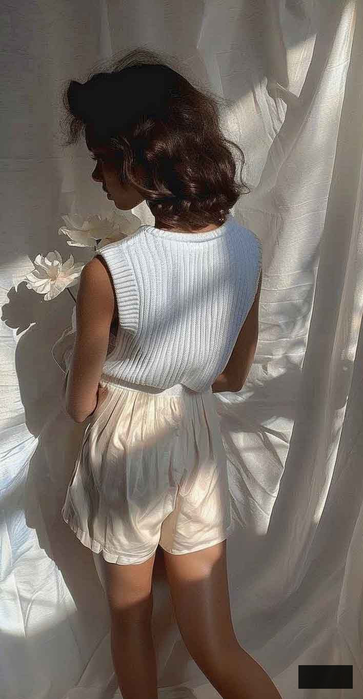 satin silk shorts summer outfit iin white and beige for a classy aesthetic style