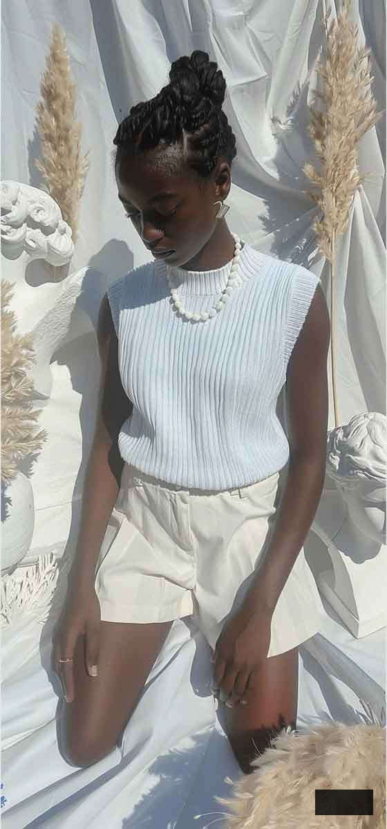 all white summer outfit with light academia aesthetic cotton loose short outfit on black woman