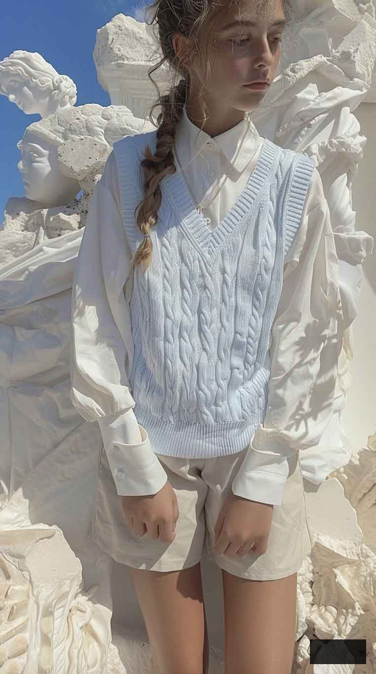 light blue and beige sweater vest spring light academia aesthetic outfit