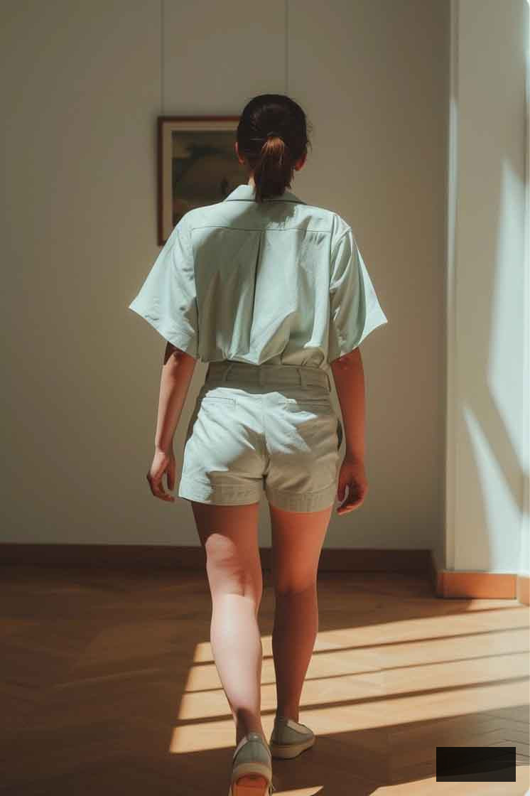summer aesthetic light blue academia outfit with sneakers and shorts for classy european summer style. matching set