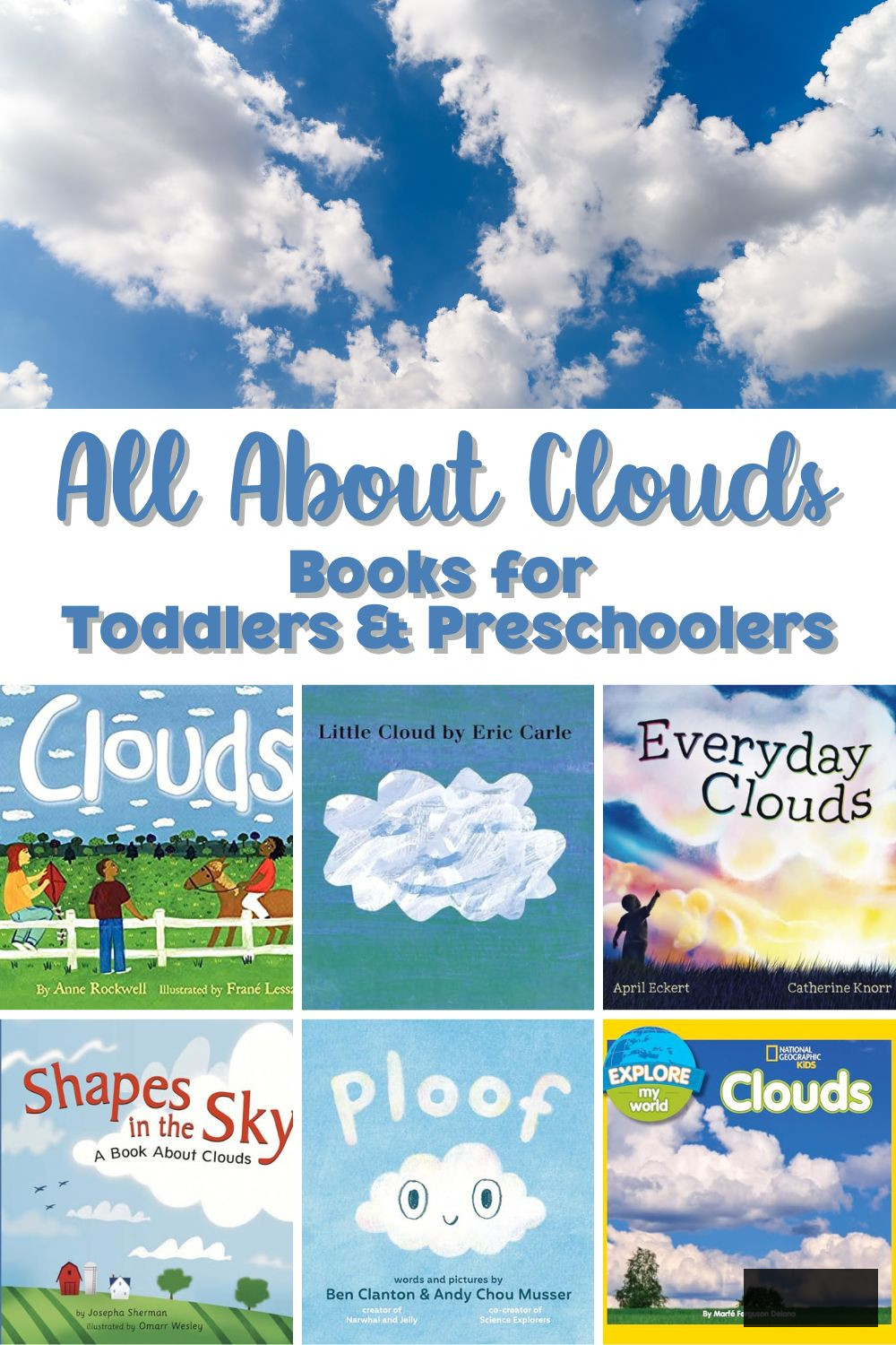 Graphic with blue sky and clouds above a collage of picture book covers; text reads ‘All About Clouds - Books for Toddlers & Preschoolers,